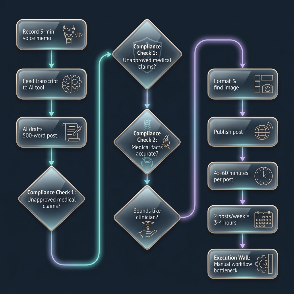 Flowchart tracing content production workflow from voice memo to published post with compliance checkpoints