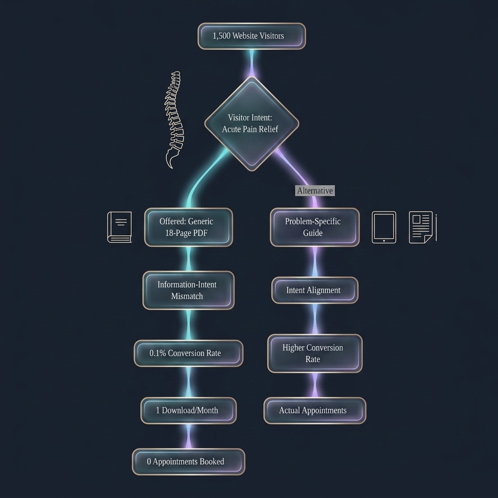 Flowchart comparing generic lead magnet failure to problem-specific guide success