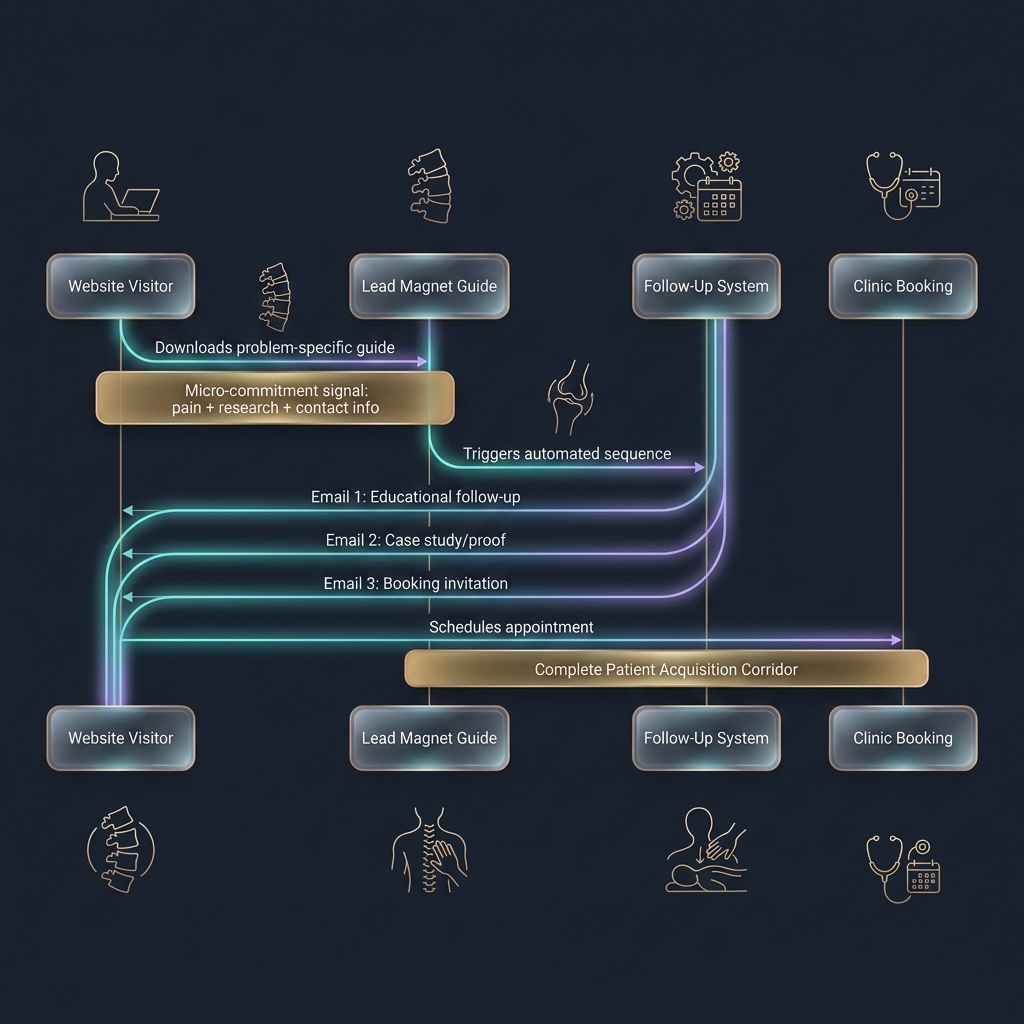 Sequence diagram tracing patient journey from lead magnet download to clinic booking