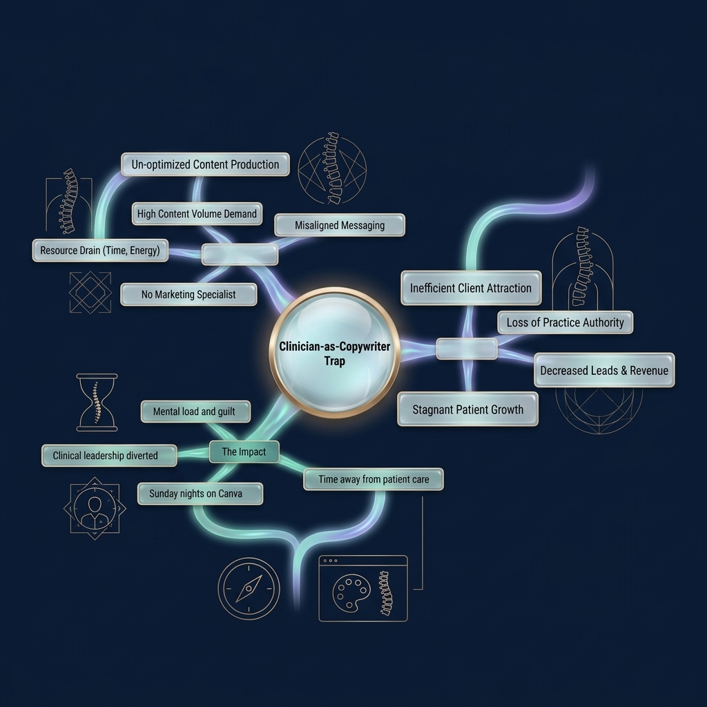 Mindmap of clinician-as-copywriter trap branching into problem, cost, and impact