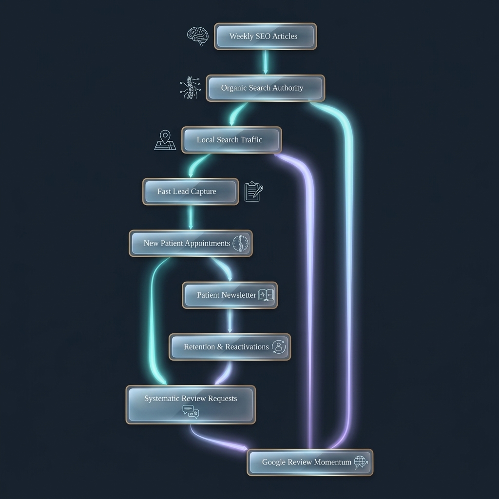 Flowchart tracing the Integrated Practice Growth Engine cycle from content to patient retention