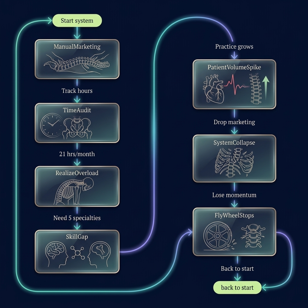 State diagram tracing marketing system collapse from manual execution to momentum loss