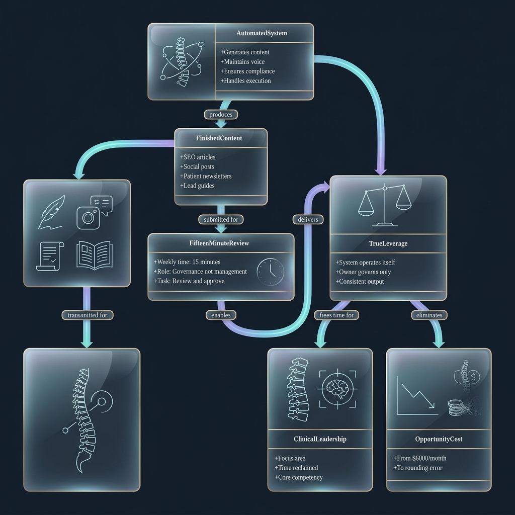 Class diagram linking fifteen-minute review governance to automated content system operations