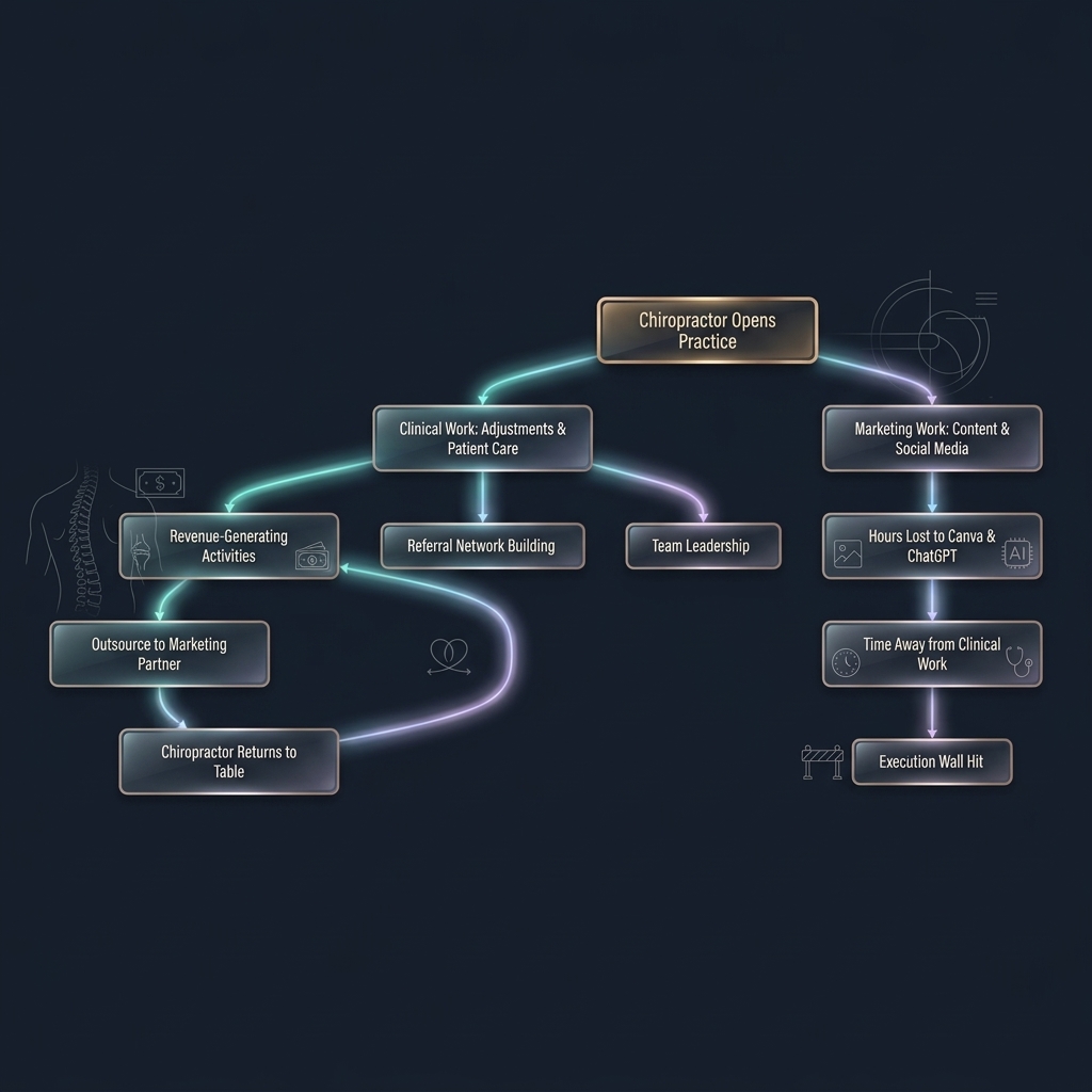 Flowchart branching clinical work and marketing tasks from practice opening to outsourcing decision