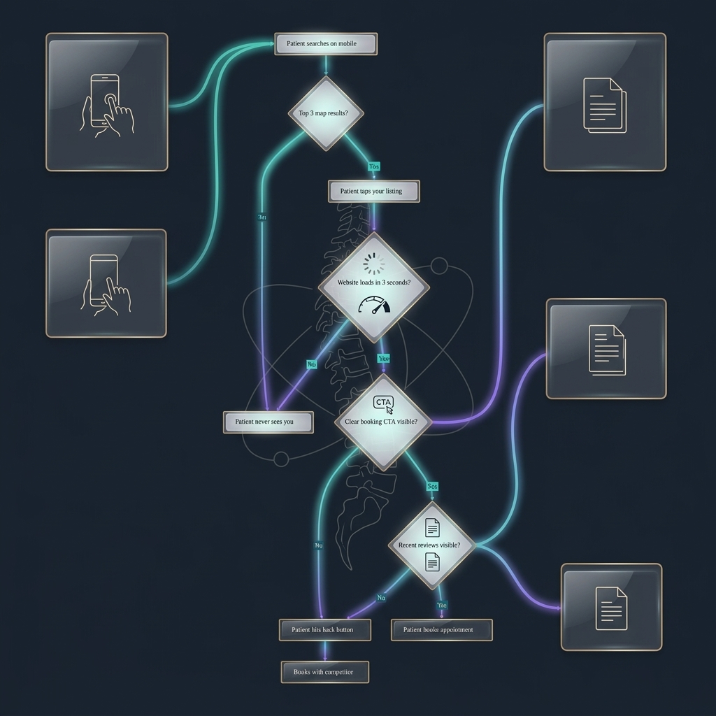 Flowchart tracing patient journey from mobile search to appointment booking or competitor selection