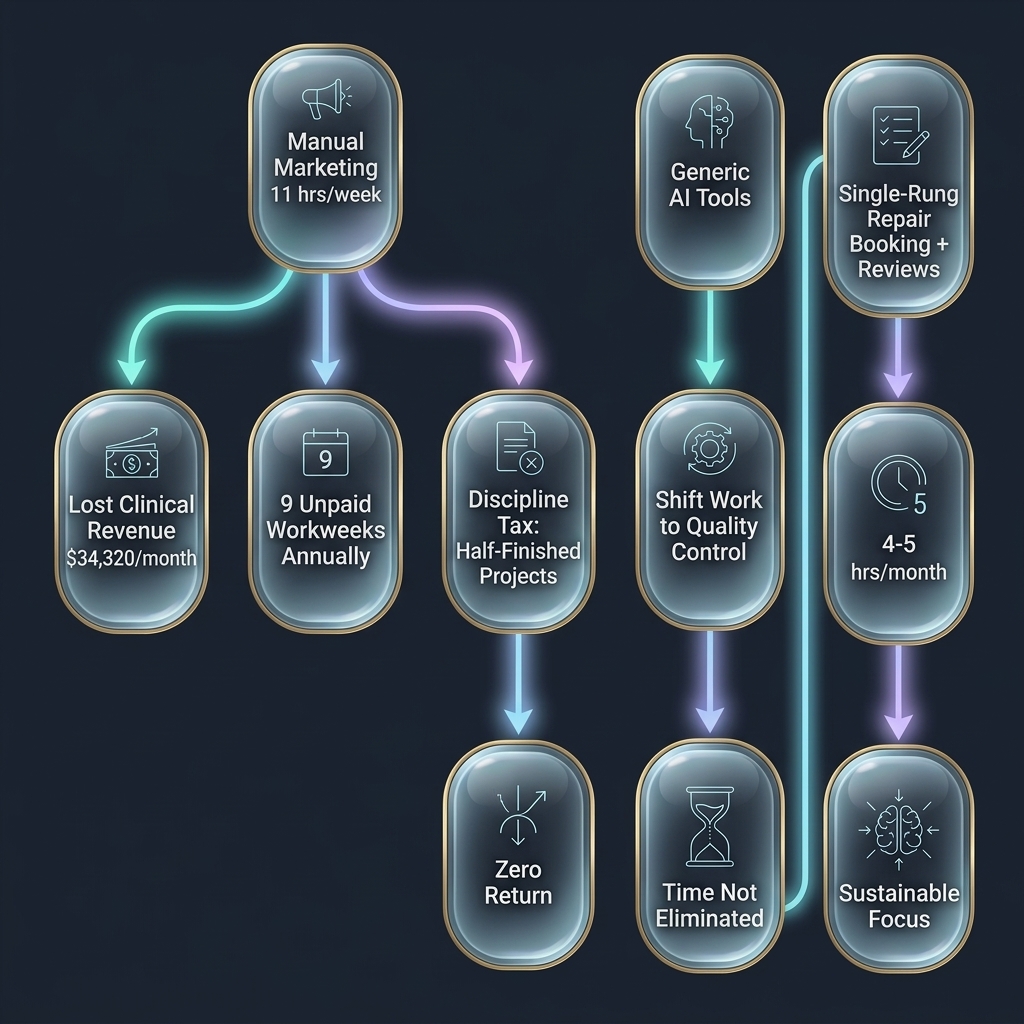 Flowchart mapping manual marketing inefficiencies and AI tool limitations to revenue loss and project abandonment