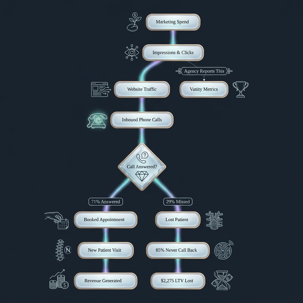 Flowchart tracing marketing spend through traffic to patient acquisition and revenue loss