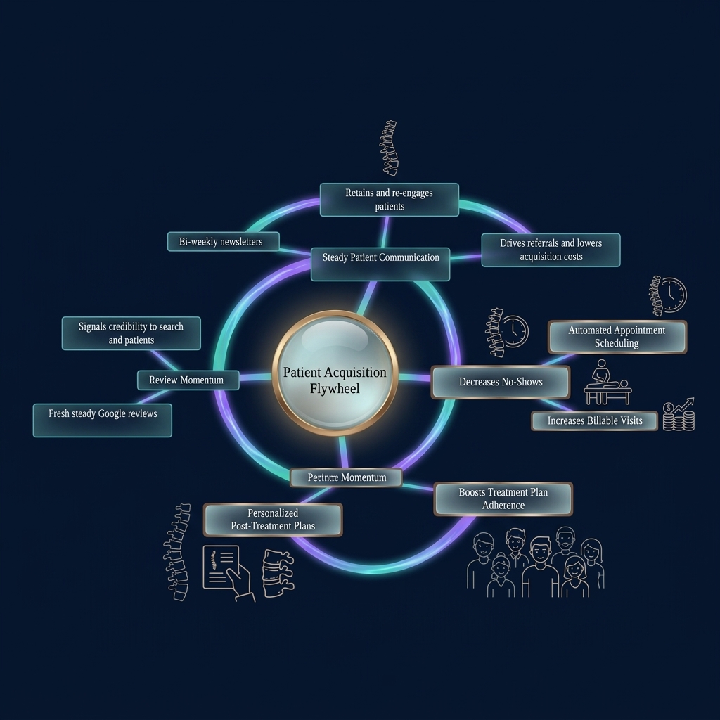 Mindmap of patient acquisition flywheel with four interconnected growth drivers
