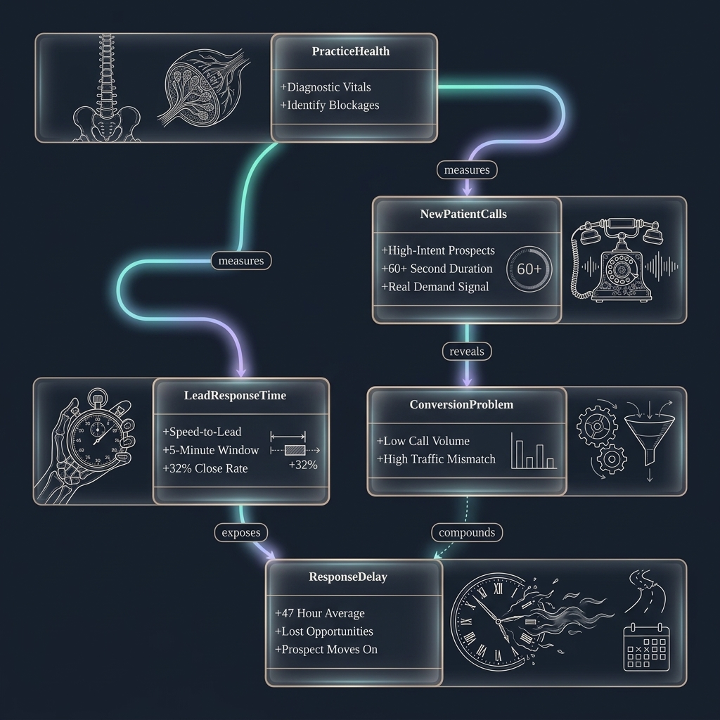 Class diagram linking practice health diagnostics to four key performance metrics