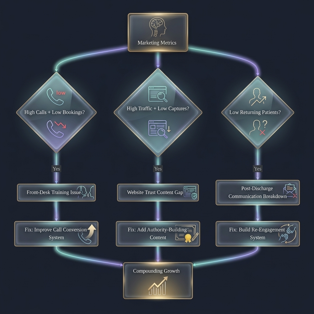 Flowchart branching marketing metrics into three diagnostic problems and their solutions