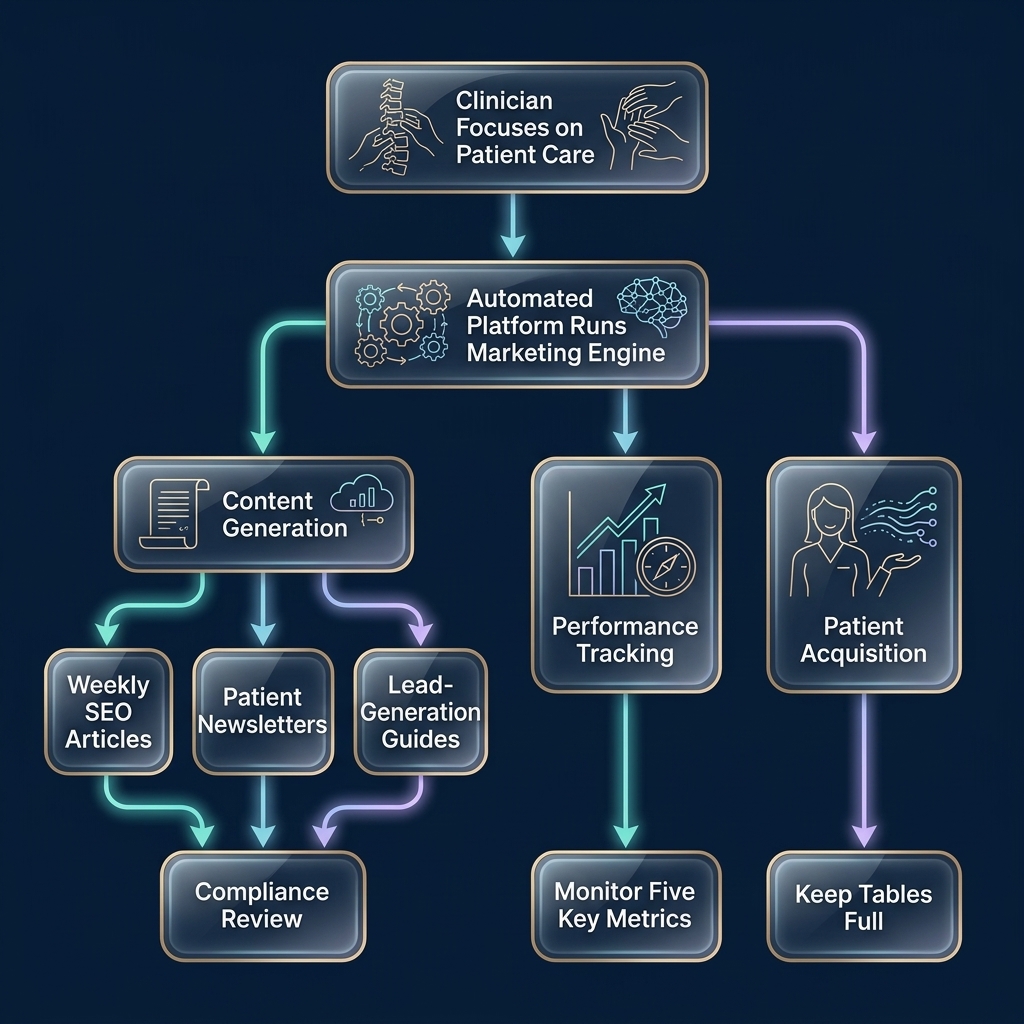 Flowchart branching automated marketing operations from clinician patient care focus