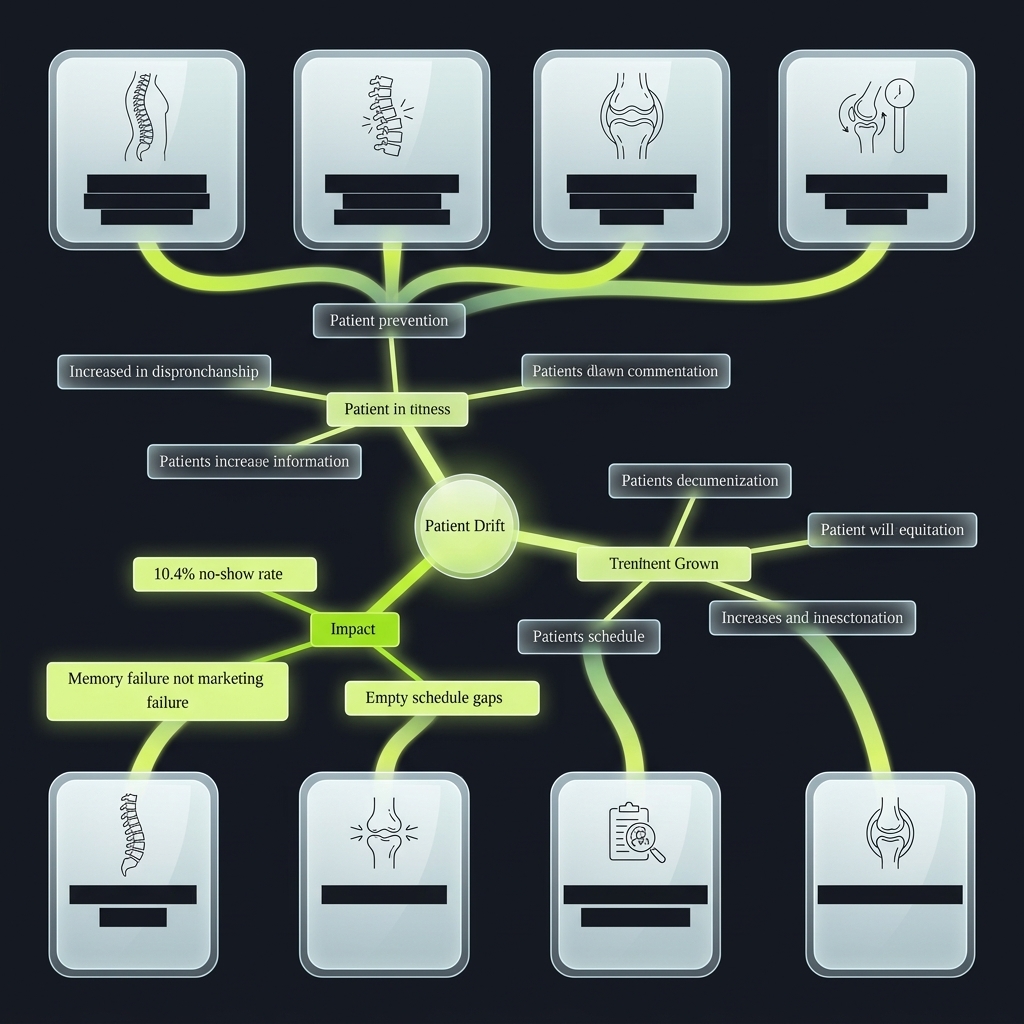 Mindmap of patient drift causes branching into cognitive, satisfaction, and impact factors