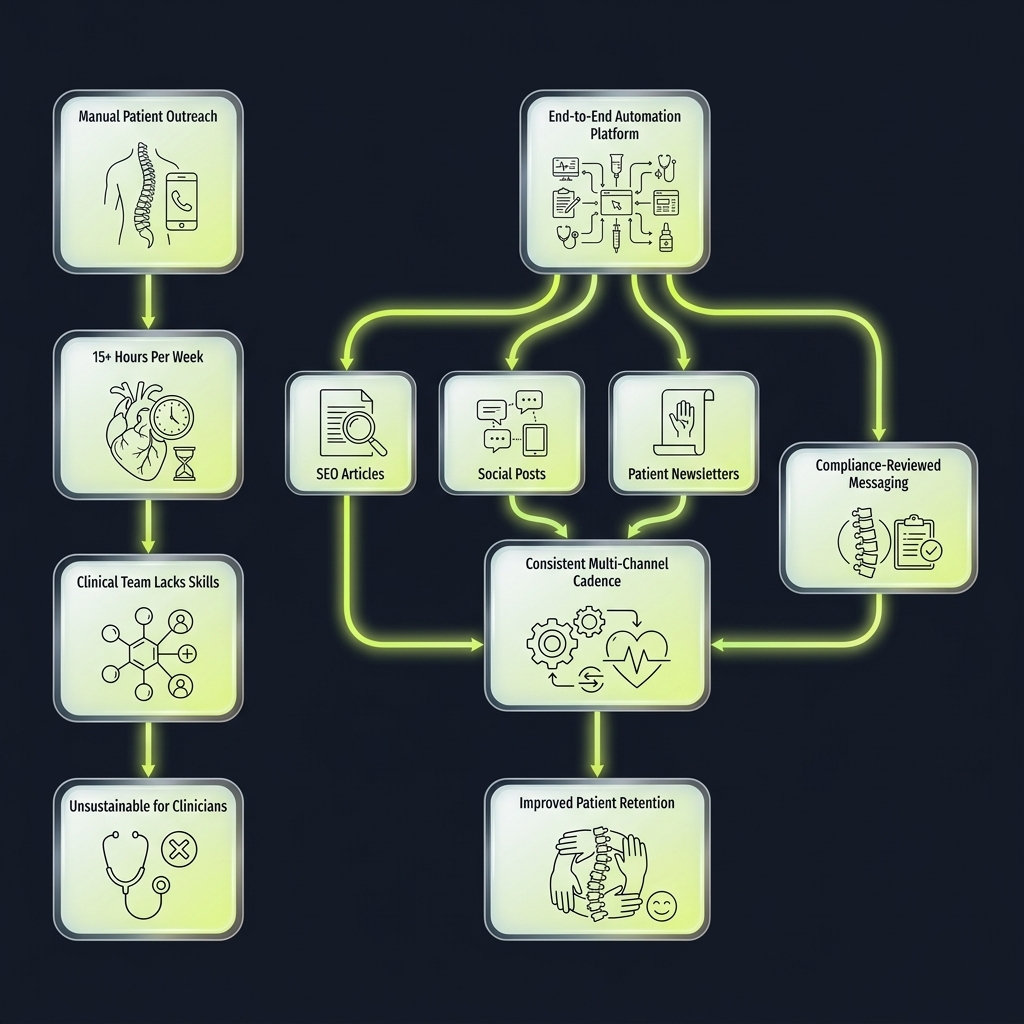 Flowchart comparing manual outreach challenges to automated platform benefits for patient retention