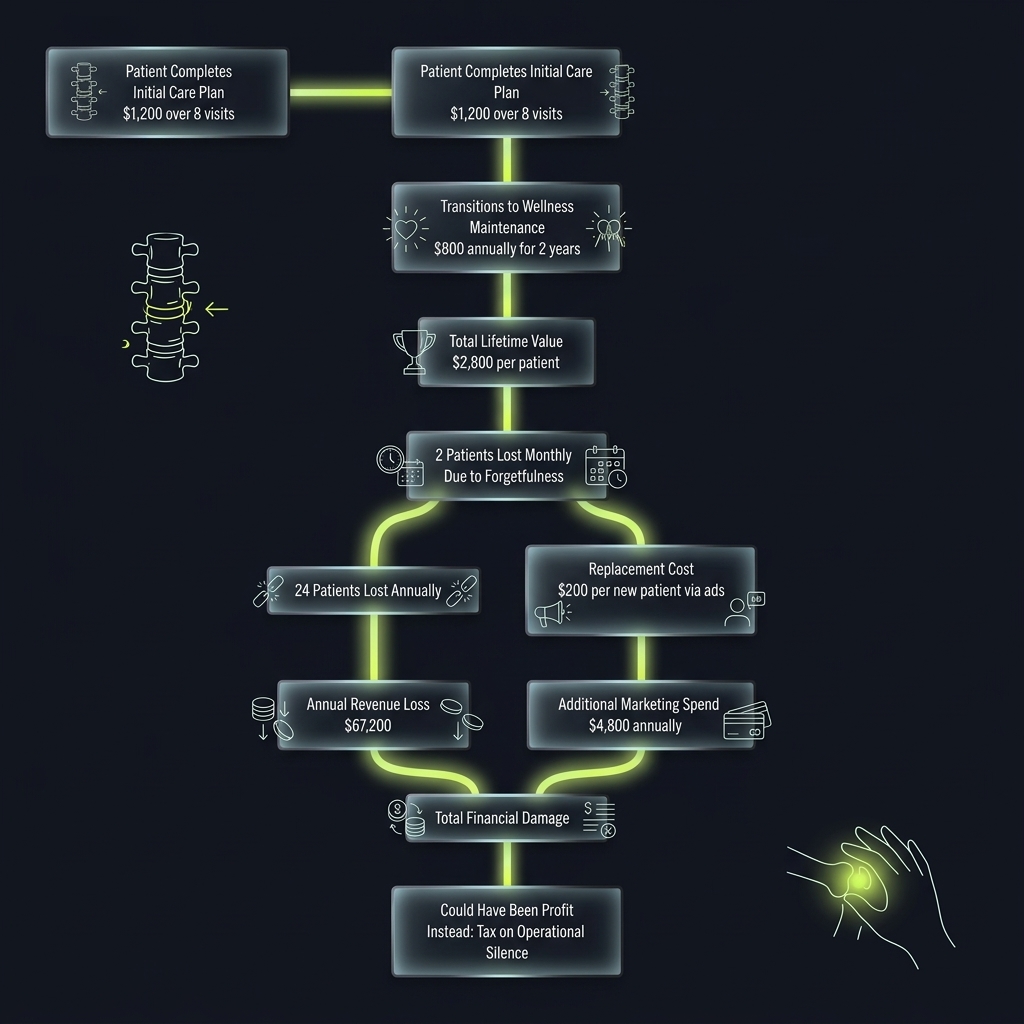 Flowchart tracing patient lifetime value loss from missed wellness contact opportunities