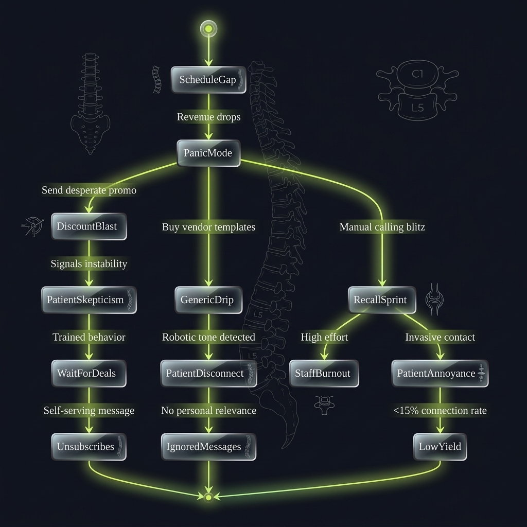 State diagram tracing how scheduling gaps trigger reactive marketing failures