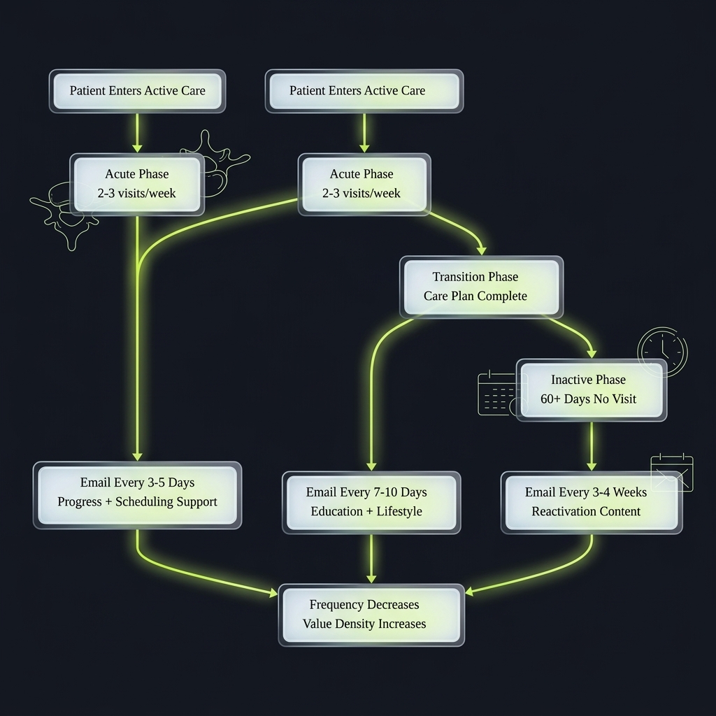 Flowchart tracing patient email cadence across three active care phases