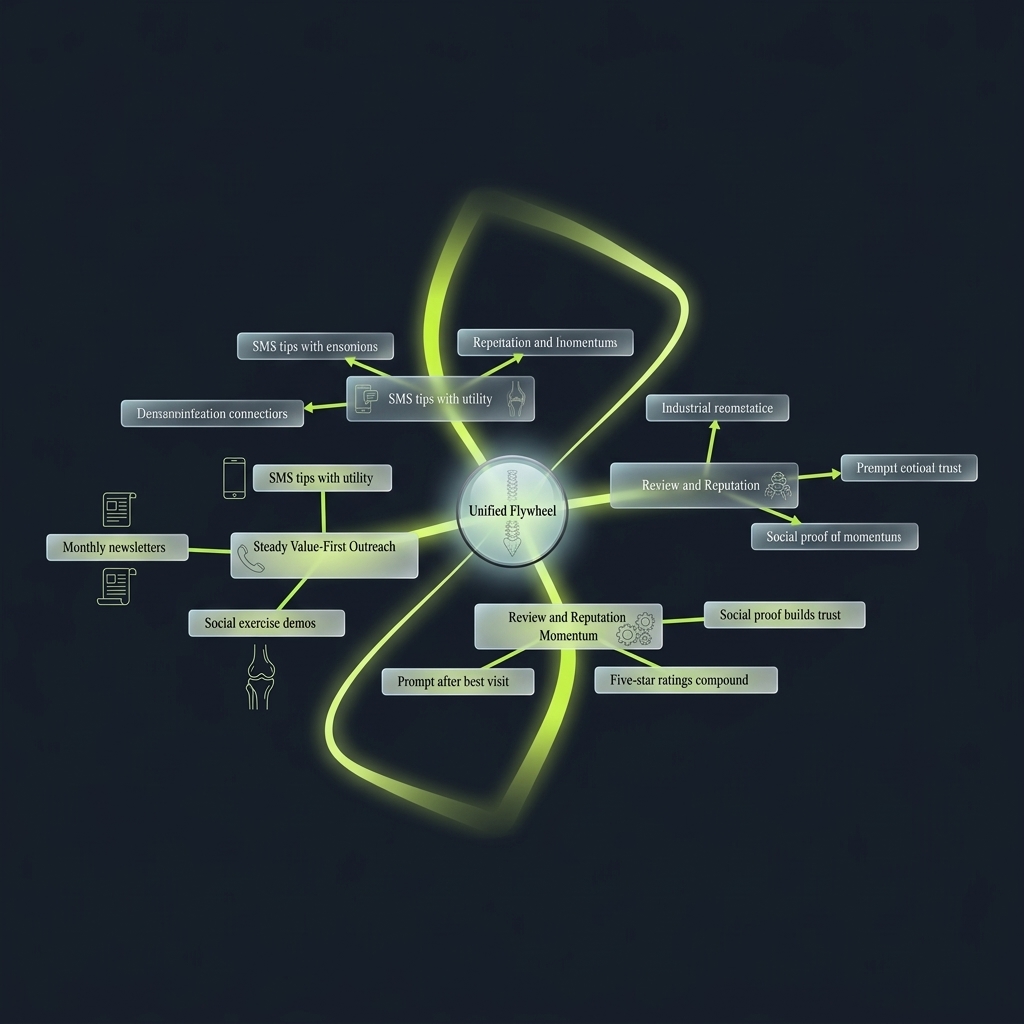 Mindmap of four interconnected components of a unified patient recall flywheel
