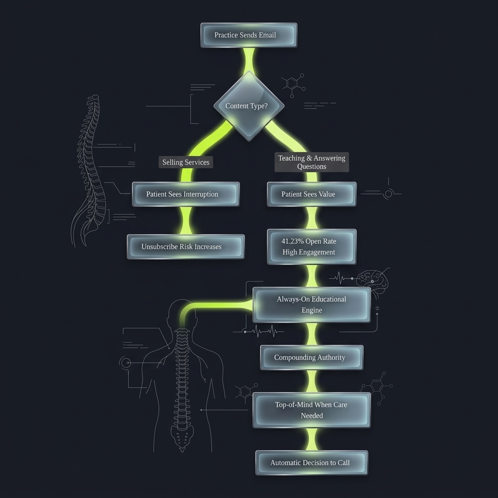 Flowchart branching email content types into patient engagement outcomes and long-term practice benefits