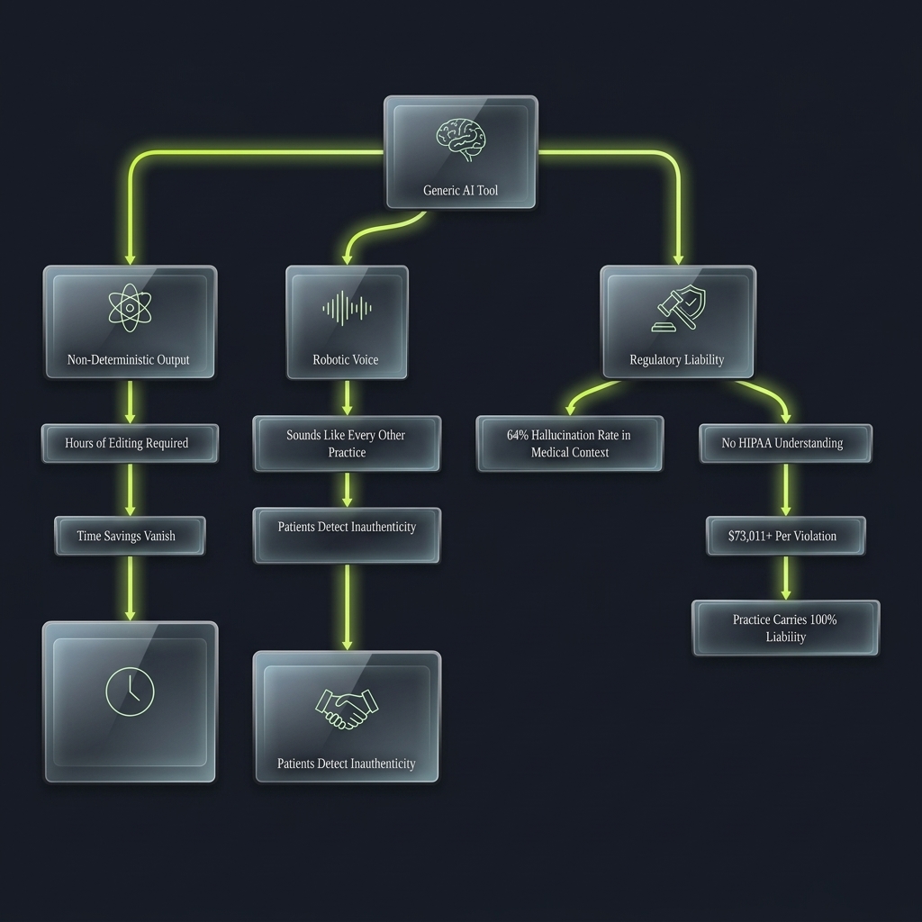 Flowchart branching generic AI risks into regulatory, authenticity, and operational consequences