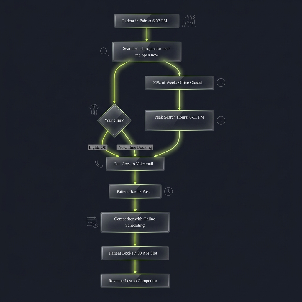 Flowchart tracing patient journey from after-hours pain search to competitor booking