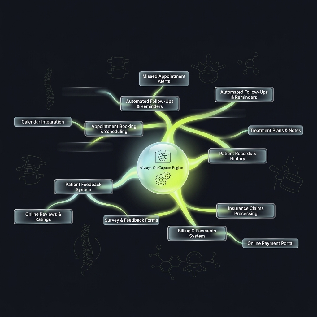 Mindmap of always-on capture engine with four pillars and paradigm shift branches