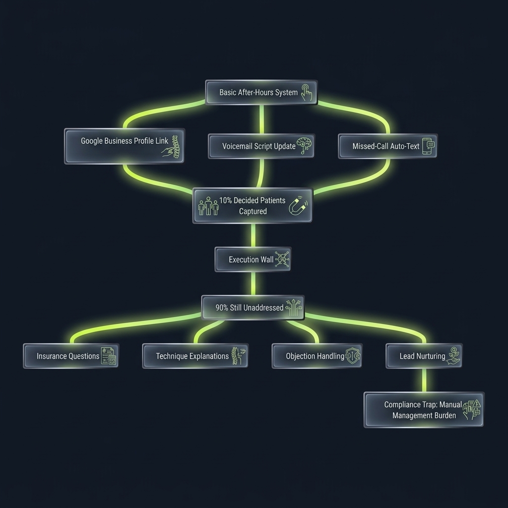 Flowchart tracing after-hours system implementation to unresolved patient needs and compliance barriers