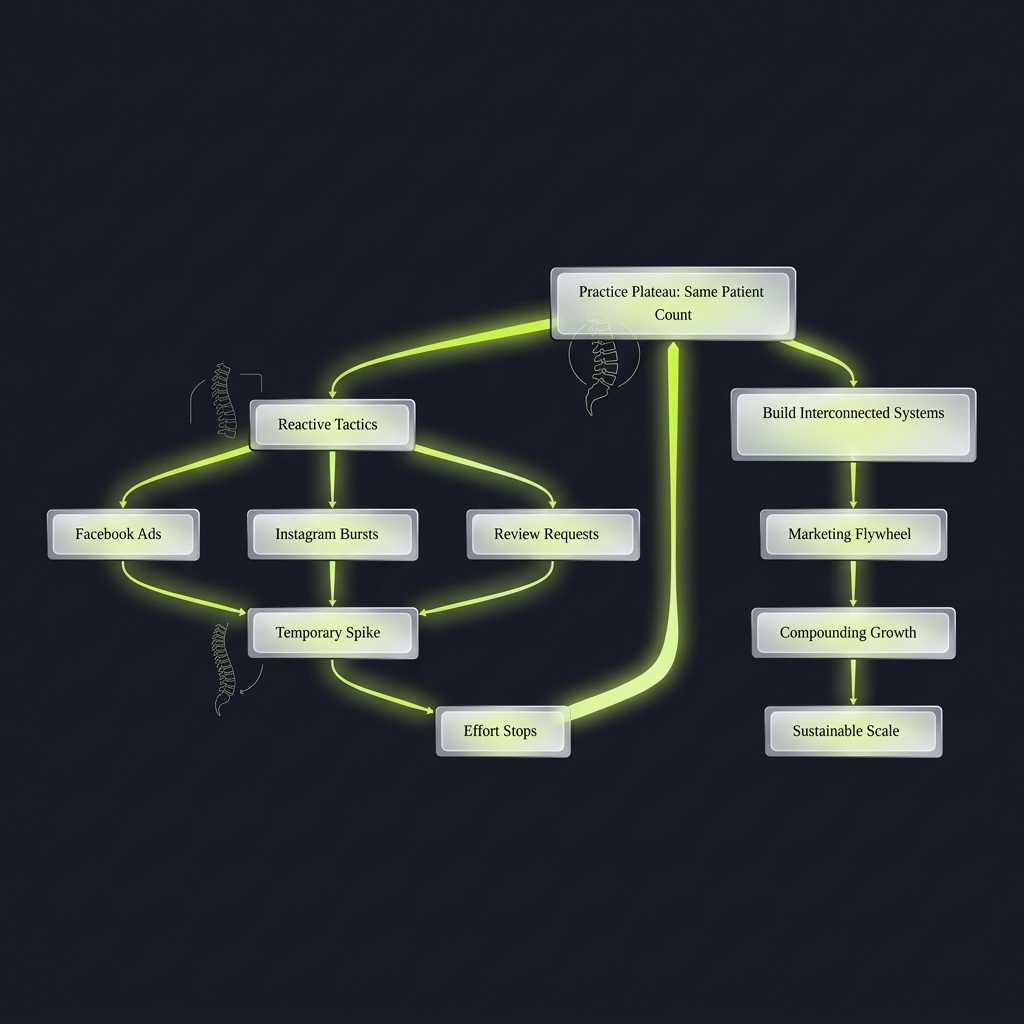 Flowchart comparing reactive marketing tactics to systems-based growth strategy