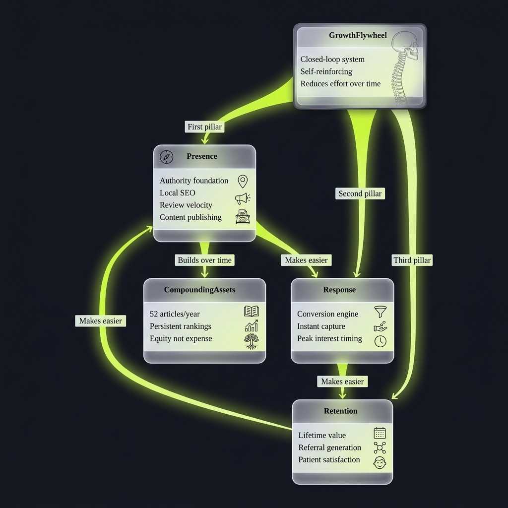 Class diagram linking four interconnected components of chiropractic practice growth flywheel