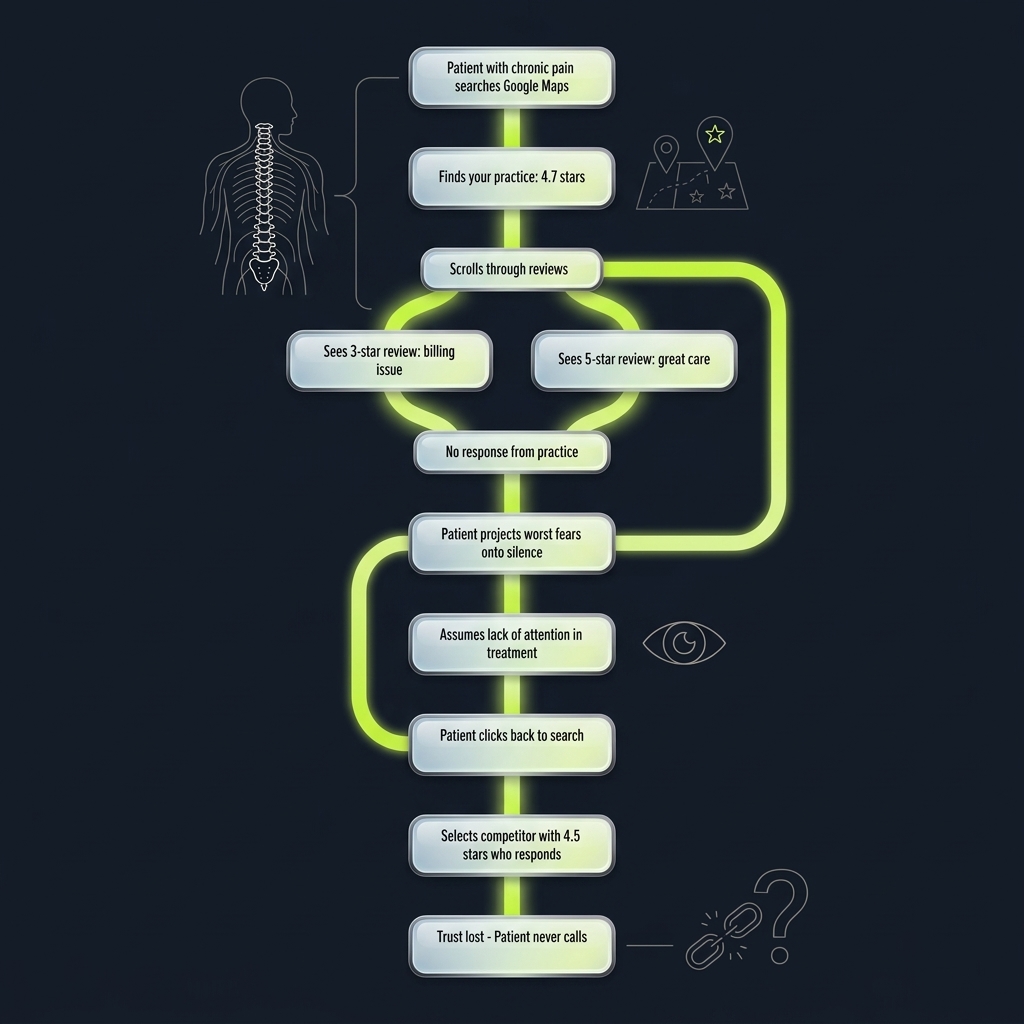 Flowchart tracing patient decision path from practice review silence to competitor selection