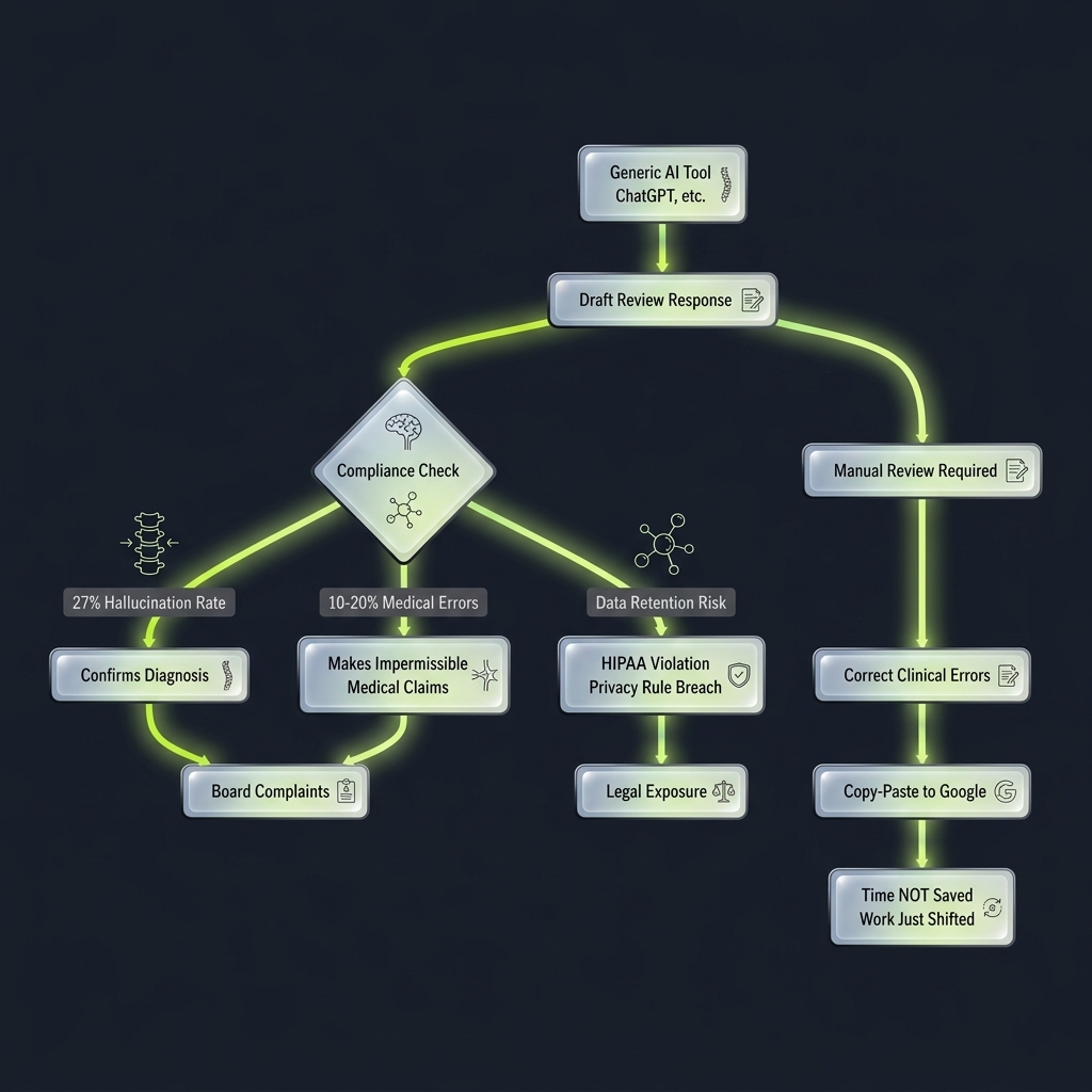 Flowchart tracing risks of generic AI tools in healthcare review responses