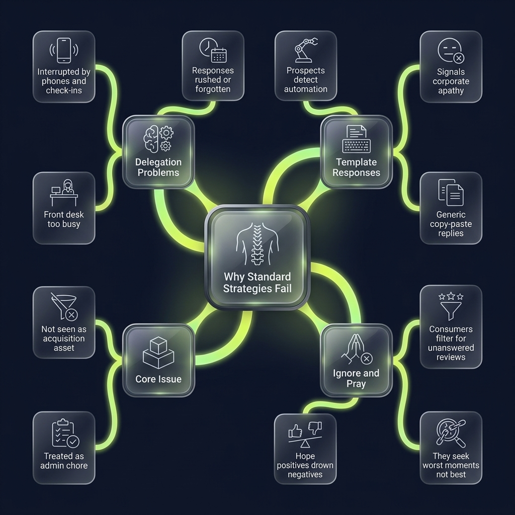 Mindmap of four reasons why standard review management strategies fail