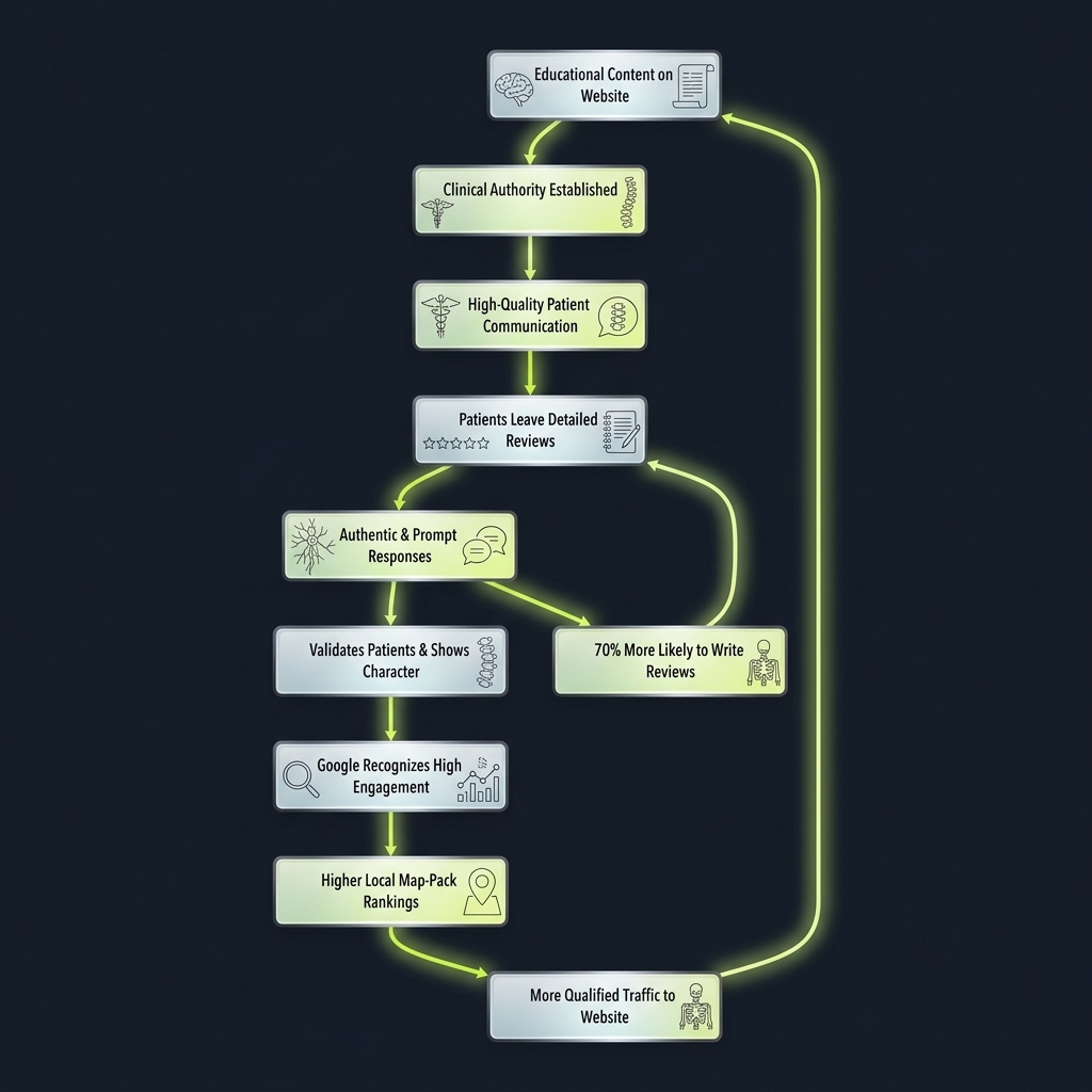 Flowchart tracing how patient reviews and prompt responses drive local search rankings