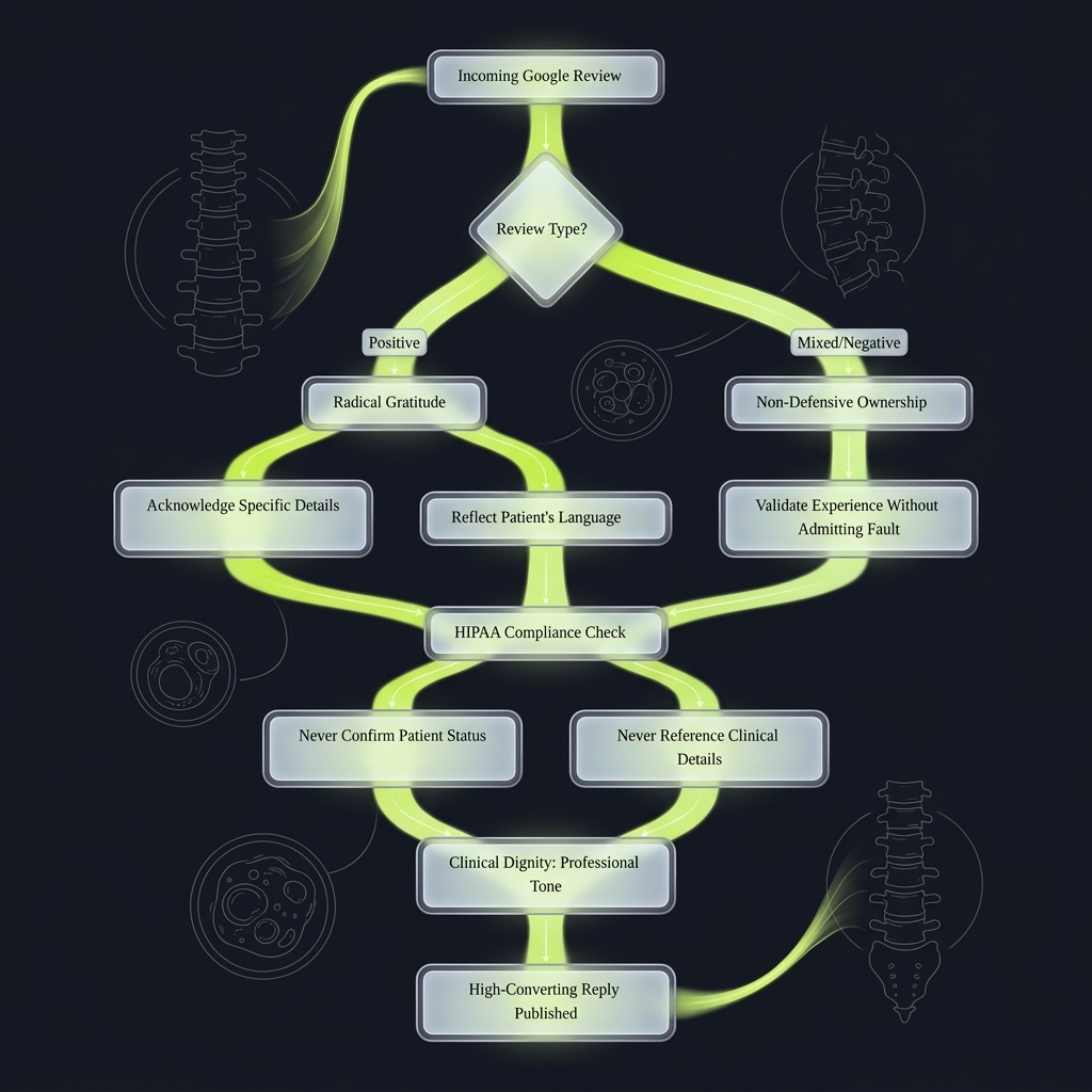 Flowchart branching Google review responses into positive and negative pathways with compliance checkpoints