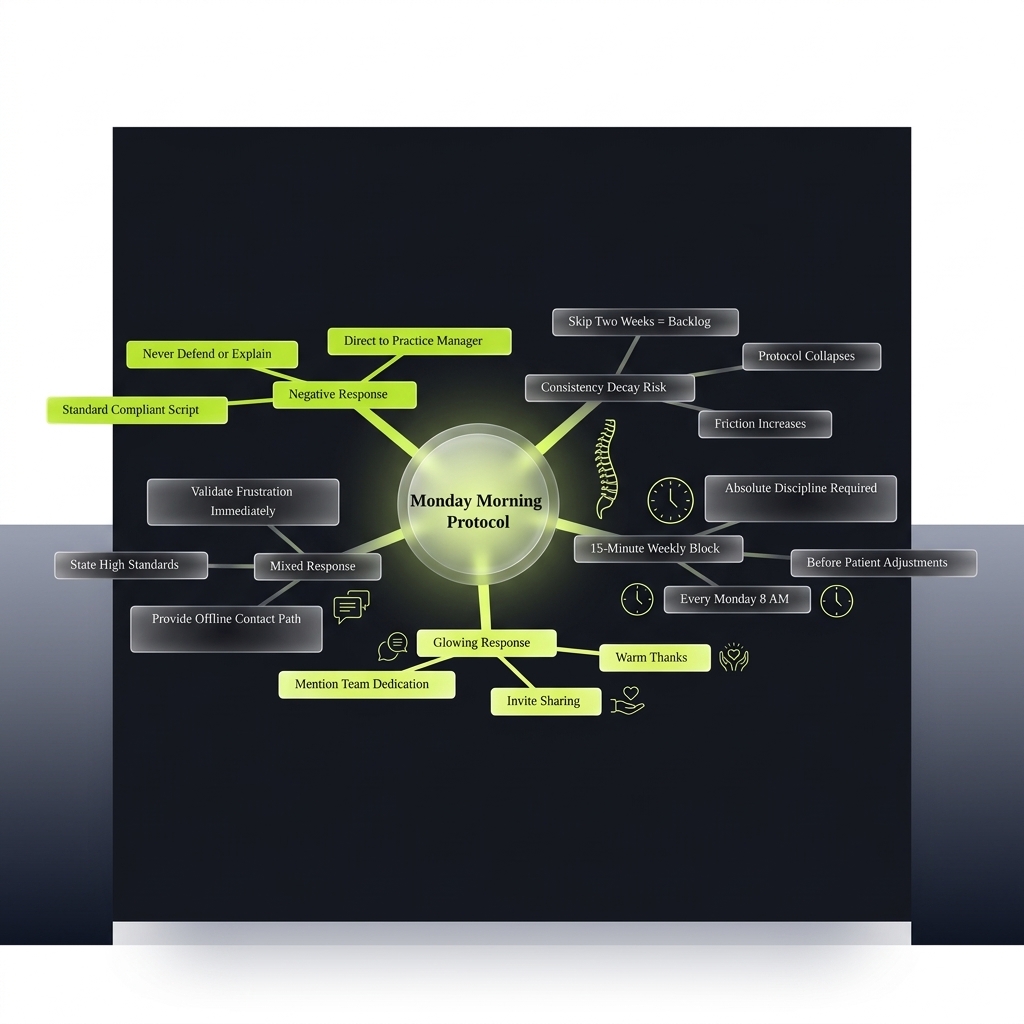 Mindmap of Monday Morning Protocol with five branches covering timing, response types, and consistency risks