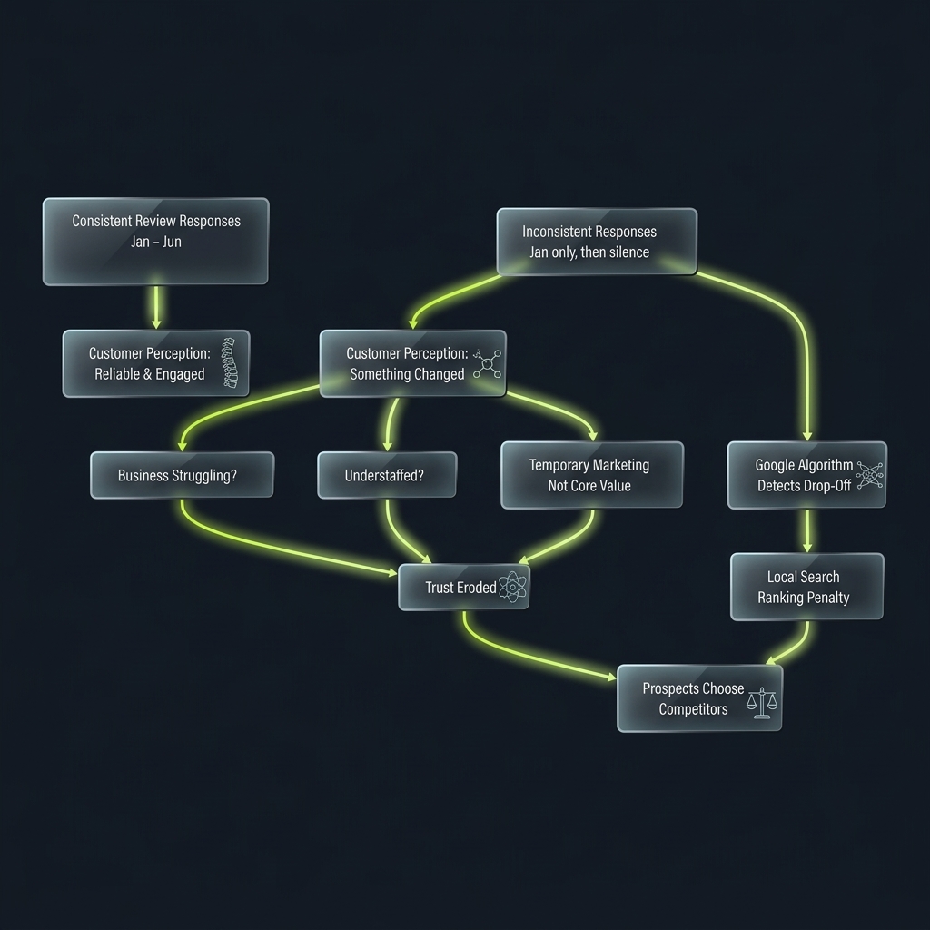 Flowchart comparing consistent versus inconsistent review response patterns and their business consequences