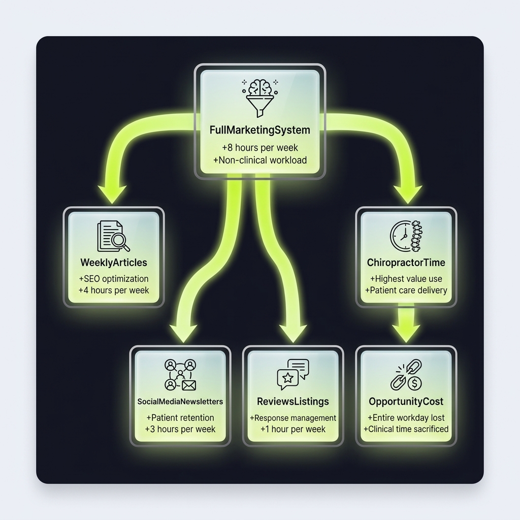 Class diagram linking full marketing system components to weekly time investment and clinical opportunity cost