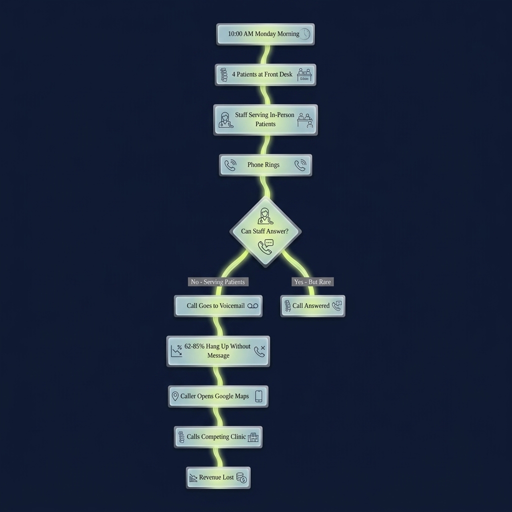Flowchart tracing Monday morning call handling cascade in medical offices