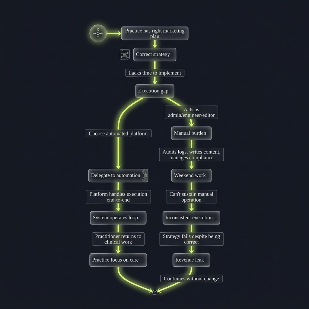 State diagram tracing marketing strategy execution gaps leading to automation delegation