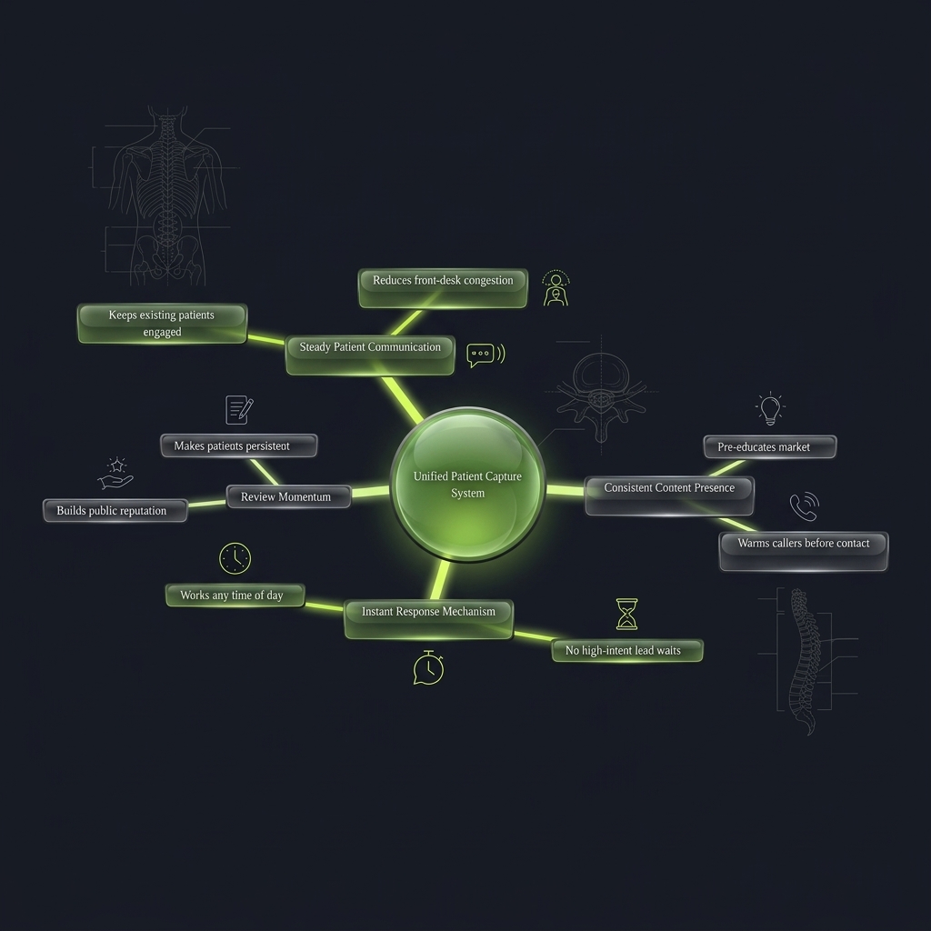 Mindmap of unified patient capture system with four core functional branches
