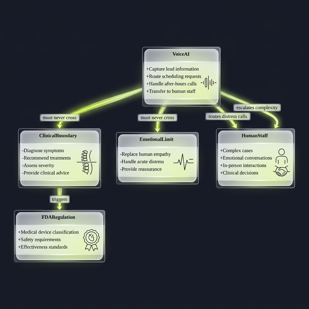 Class diagram linking voice AI capabilities to clinical and regulatory boundaries
