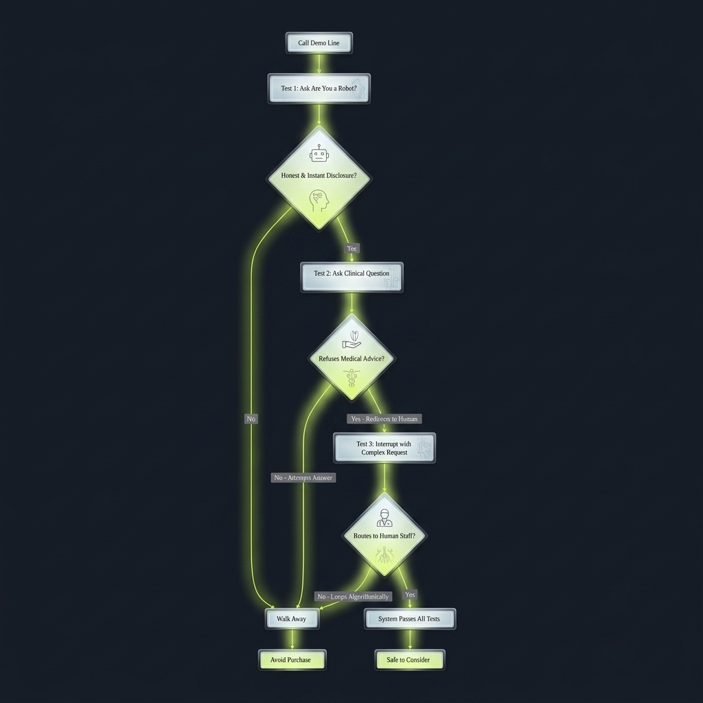 Flowchart tracing three-call test criteria for evaluating voice AI medical systems
