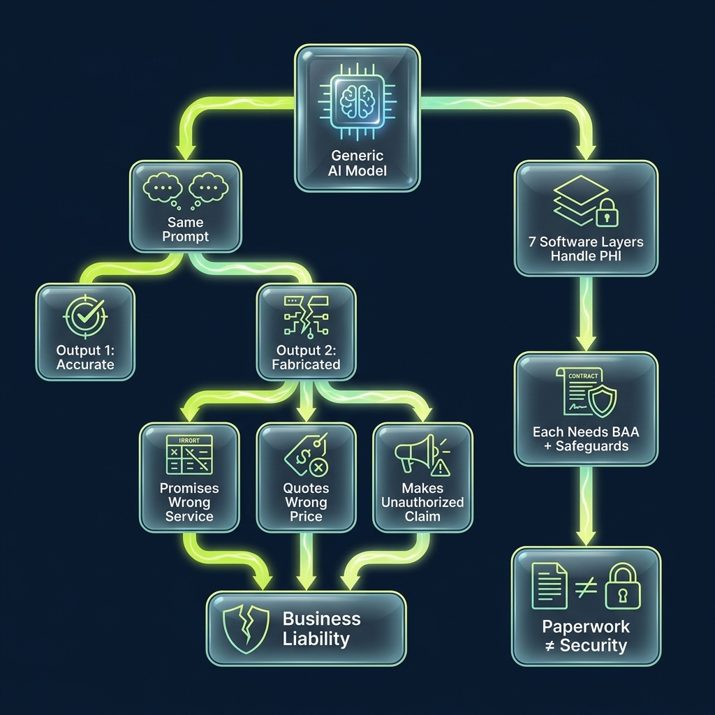 Flowchart tracing non-deterministic AI outputs and compliance risks in healthcare