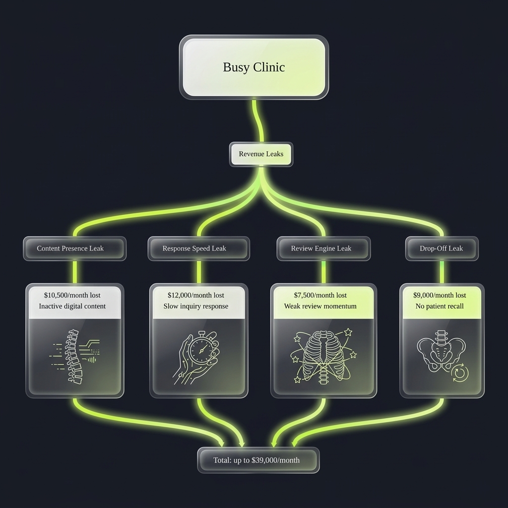 Flowchart branching revenue leaks from a busy clinic into four loss categories totaling up to $39,000 monthly