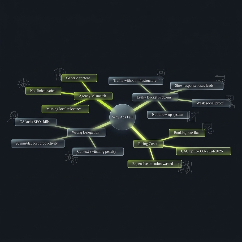 Mindmap of four root causes why increased advertising spending fails to boost practice growth