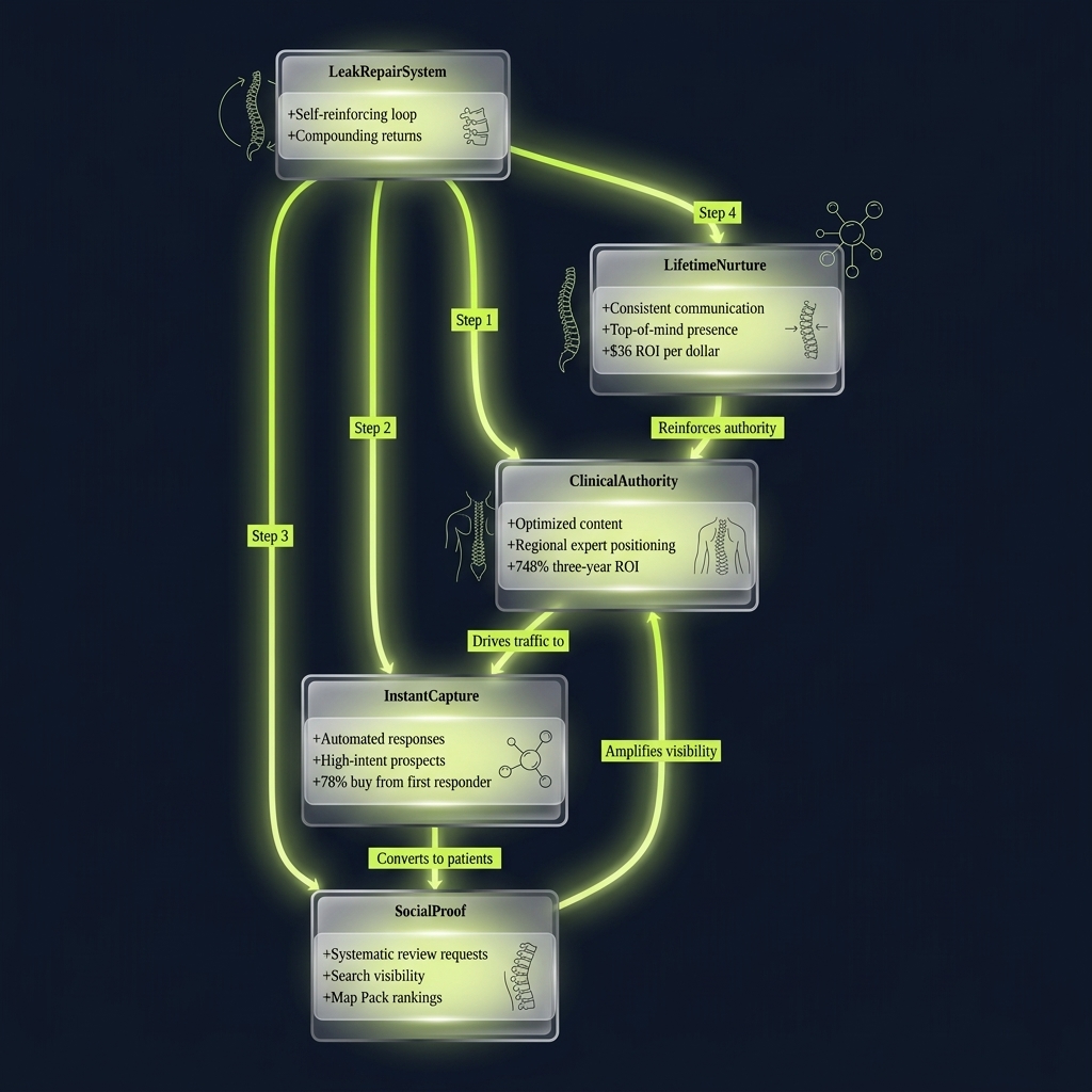 Class diagram linking four components of a self-reinforcing marketing leak-repair system