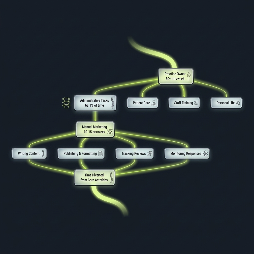 Flowchart tracing how manual administrative tasks consume practice owner time and divert effort from core activities