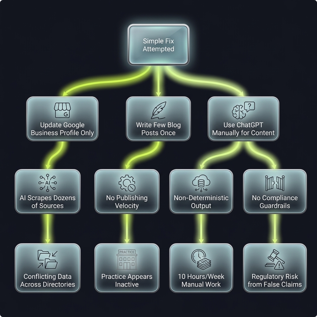 Flowchart branching three simple fixes into cascading failures and compliance risks
