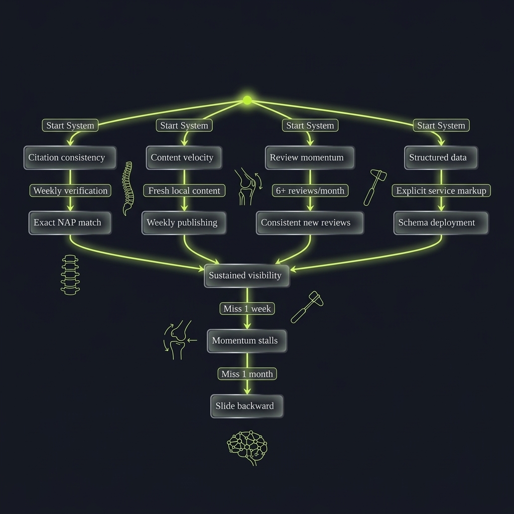 State diagram tracing AI search visibility factors and their impact on practice ranking momentum