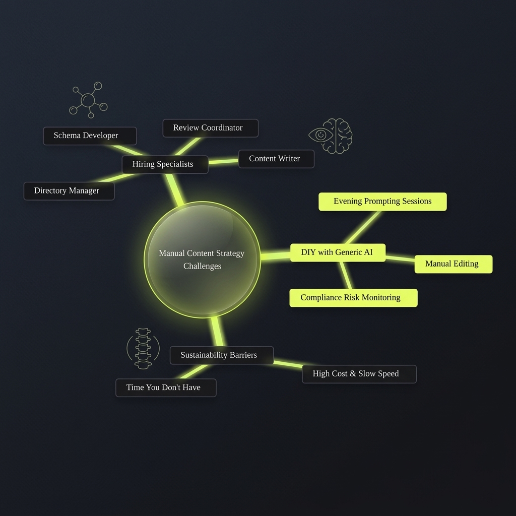 Mindmap of manual content strategy challenges branching into hiring, DIY barriers, and sustainability costs