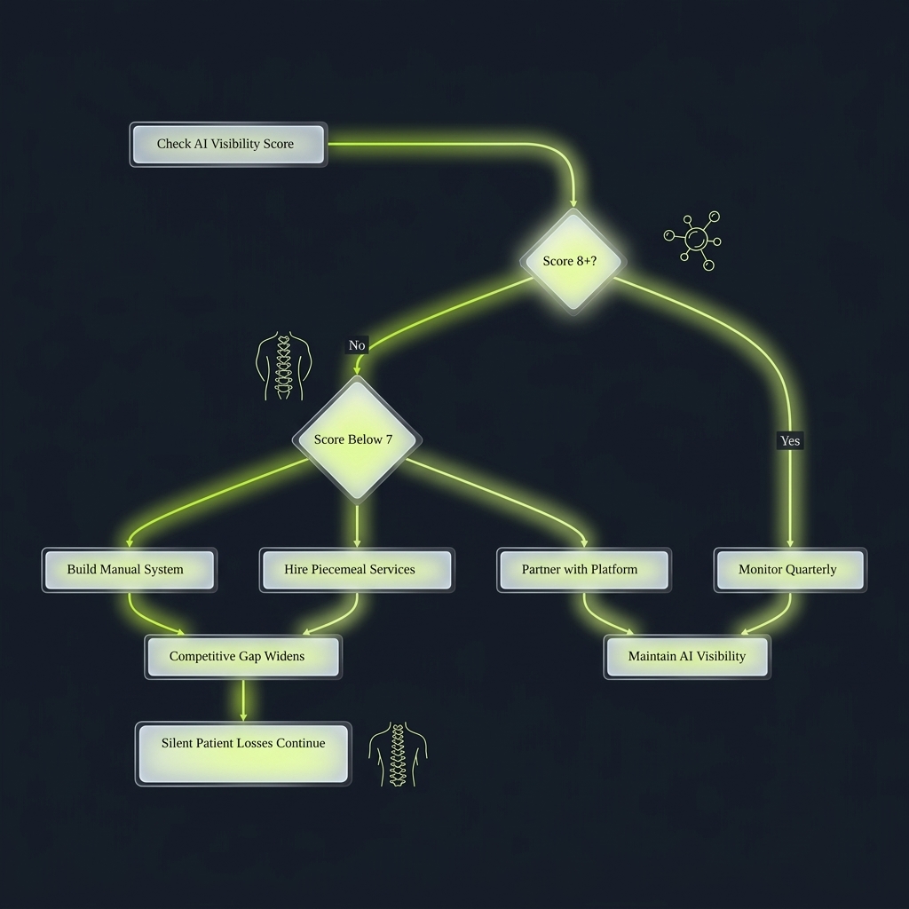 Flowchart branching AI visibility score outcomes into three action paths
